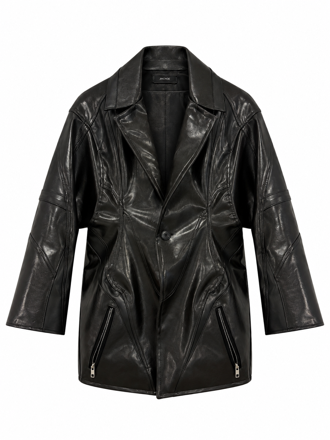 BLACK SCULPTED LEATHER BLAZER