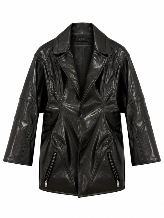 BLACK SCULPTED LEATHER BLAZER